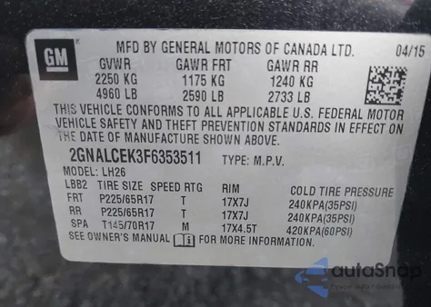 2015 Chevrolet Equinox 2Lt from USA, damaged, VIN 2GNALCEK3F6353511